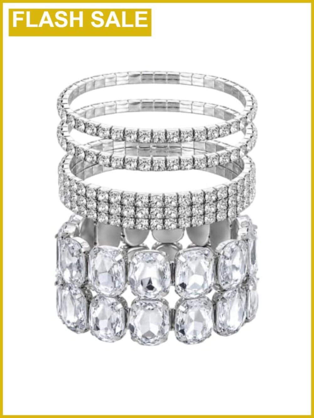 4 Pcs Rhinestone Stretch Bracelets Metal Silver Tarnish-Resistant Bangle Set